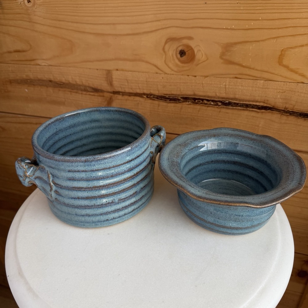 Handmade Pottery‎ Bread Bowl Double Pot Blue Cottage Core Decor Baugnet